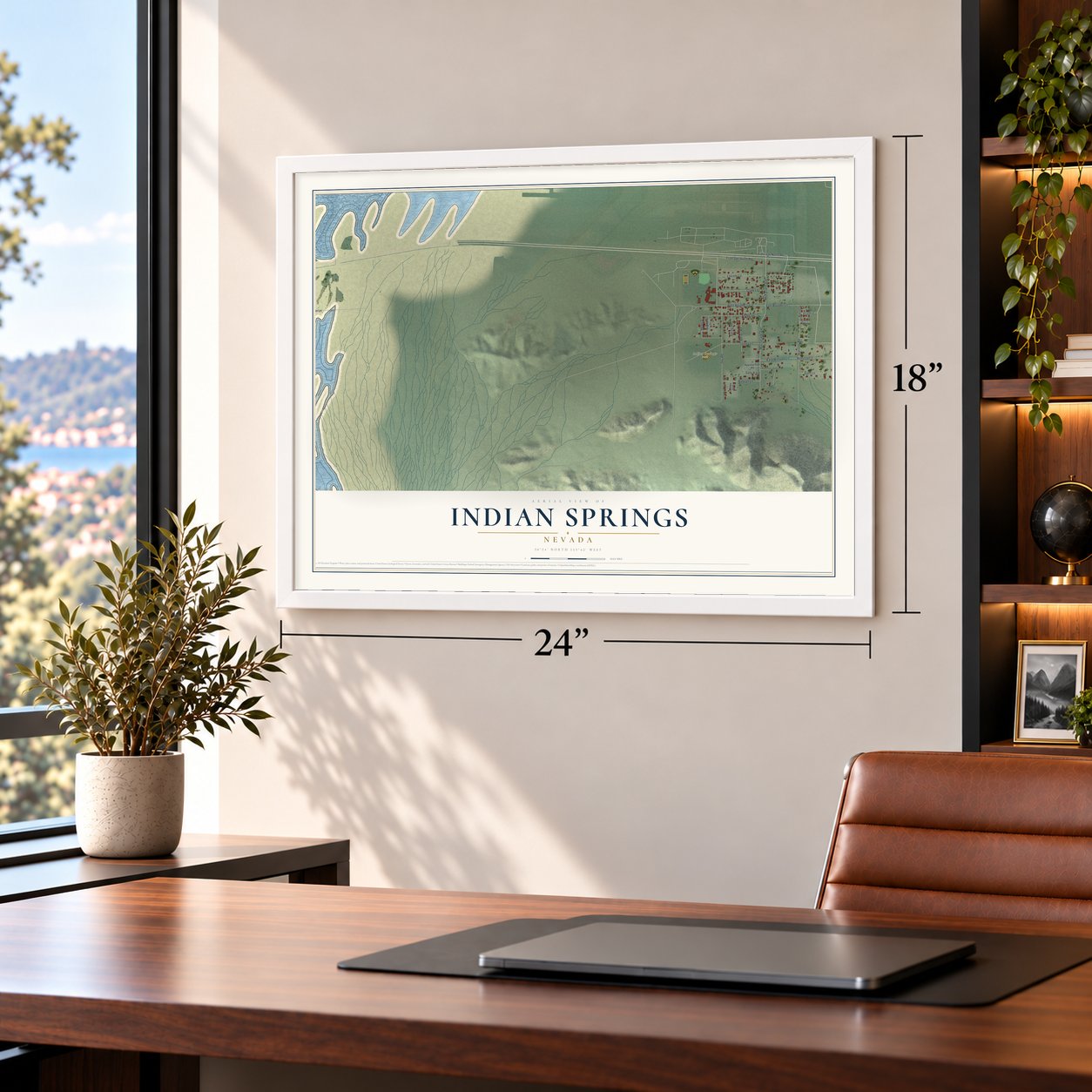 Indian Springs, Nevada map, 18 x 24 inch print in a white frame in a home office