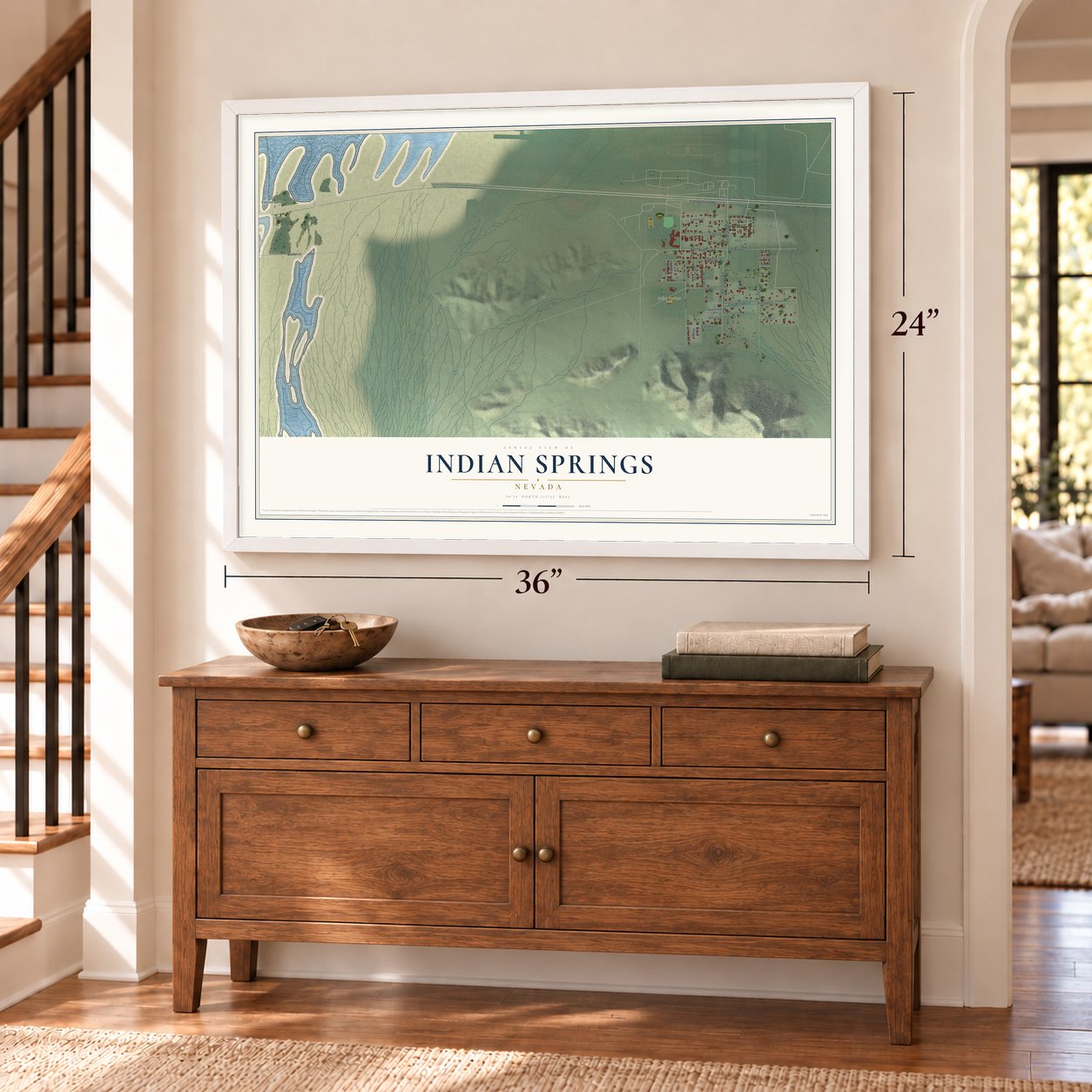 Indian Springs, Nevada map, 24 x 36 inch print in a white frame above a dresser by a staircase