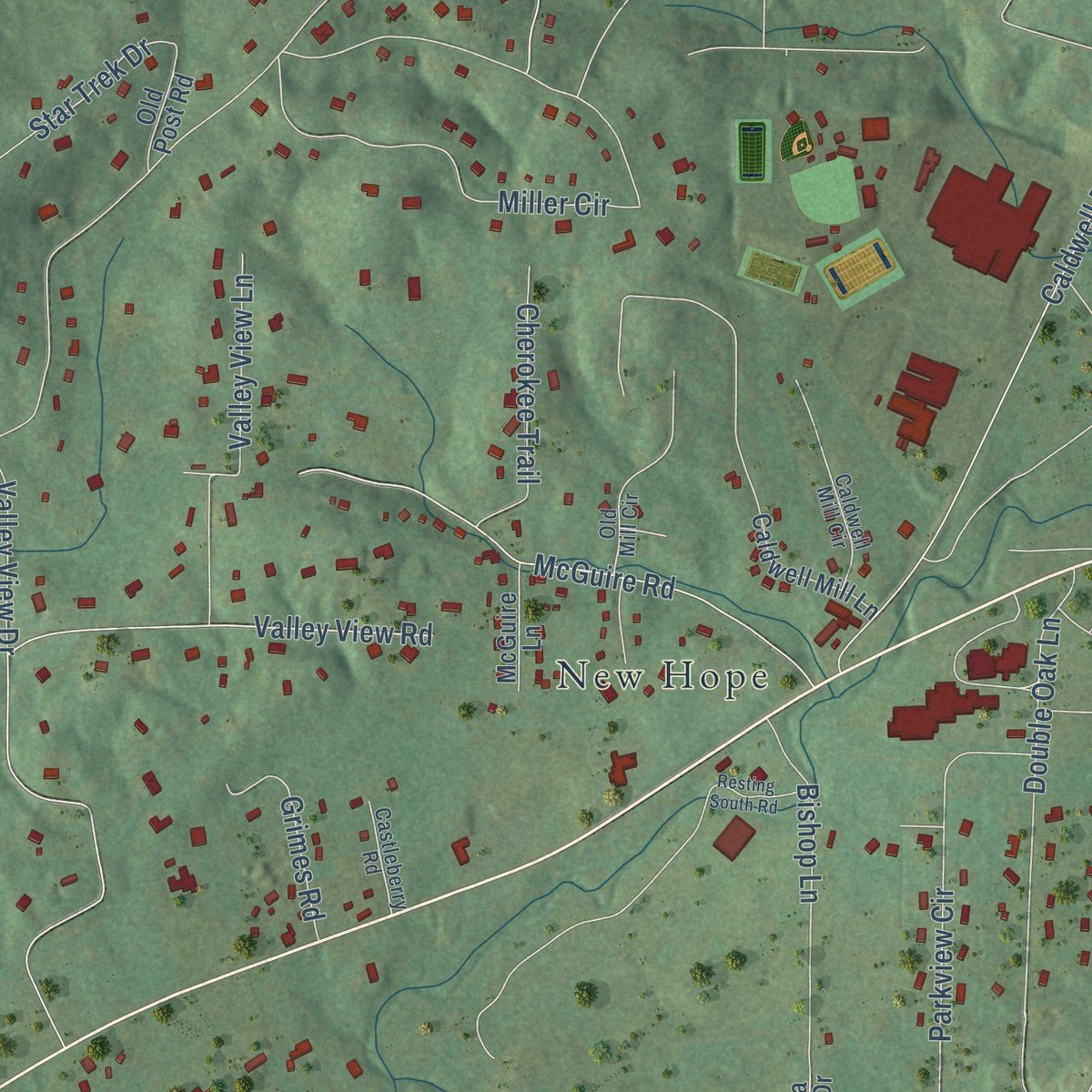 Second close-up of the map of Indian Springs Village, Alabama print showing more streets and buildings