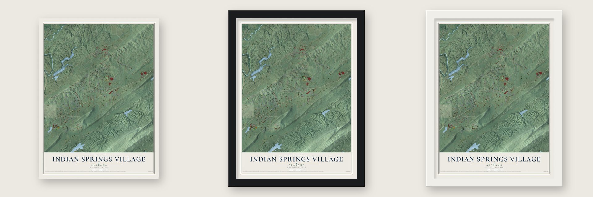 Indian Springs Village, Alabama map unframed, in a black wood frame and in a white wood frame