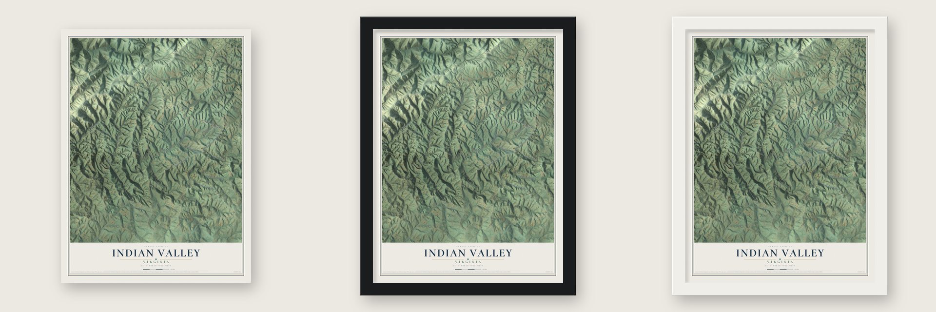 Indian Valley, Virginia map unframed, in a black wood frame and in a white wood frame