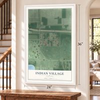 Indian Village, Indiana map, 24 x 36 inch print in a white frame by a staircase