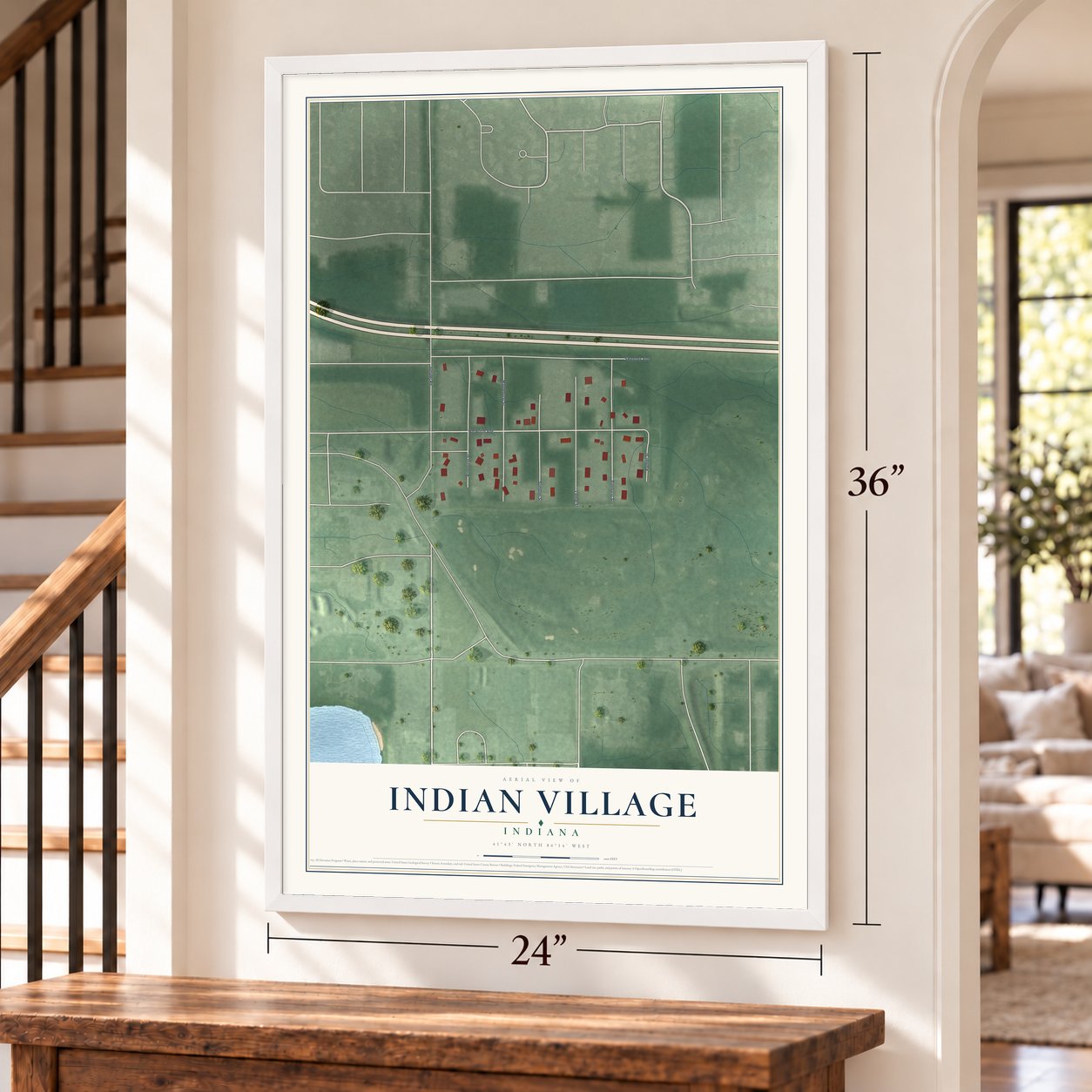 Indian Village, Indiana map, 24 x 36 inch print in a white frame by a staircase