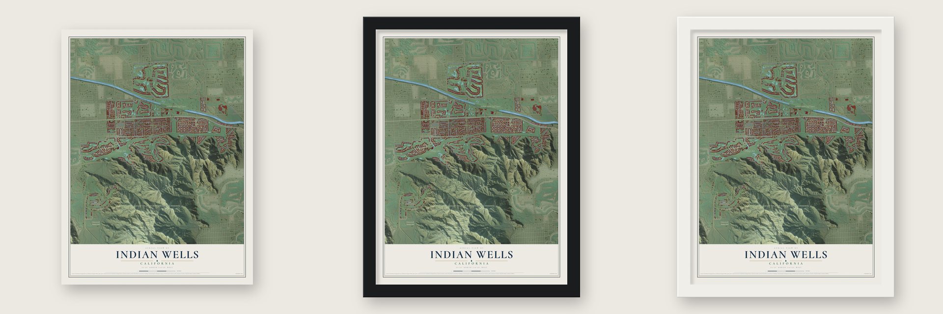 Indian Wells, California map unframed, in a black wood frame and in a white wood frame
