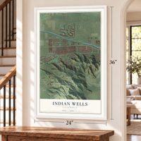 Indian Wells, California map, 24 x 36 inch print in a white frame by a staircase