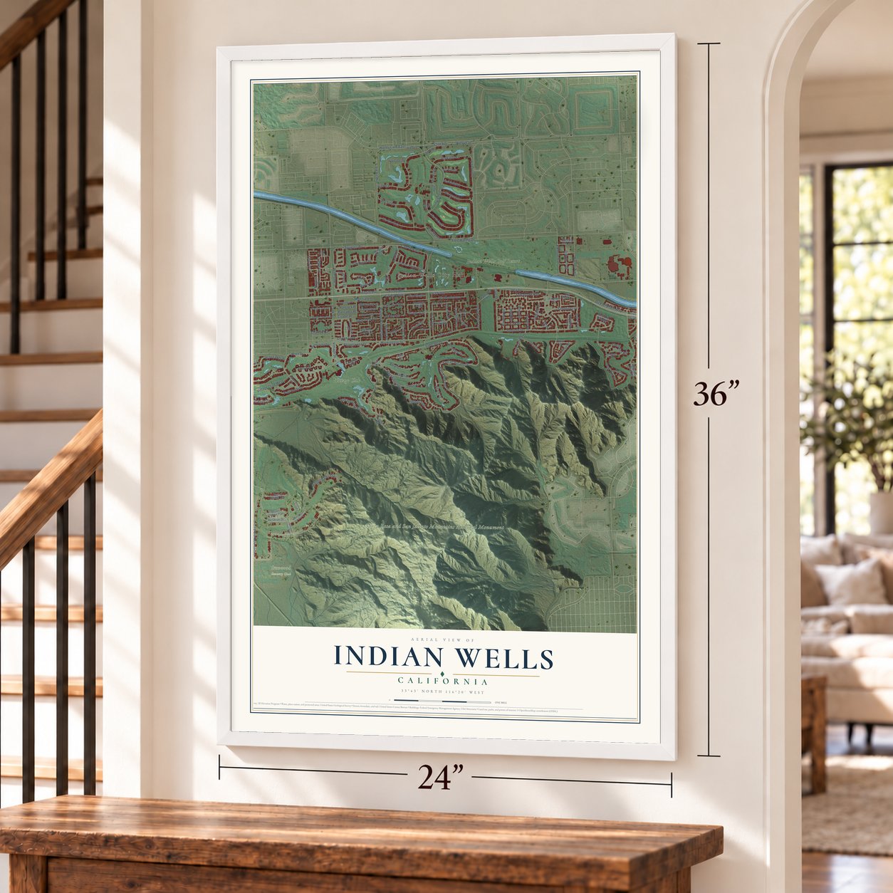 Indian Wells, California map, 24 x 36 inch print in a white frame by a staircase