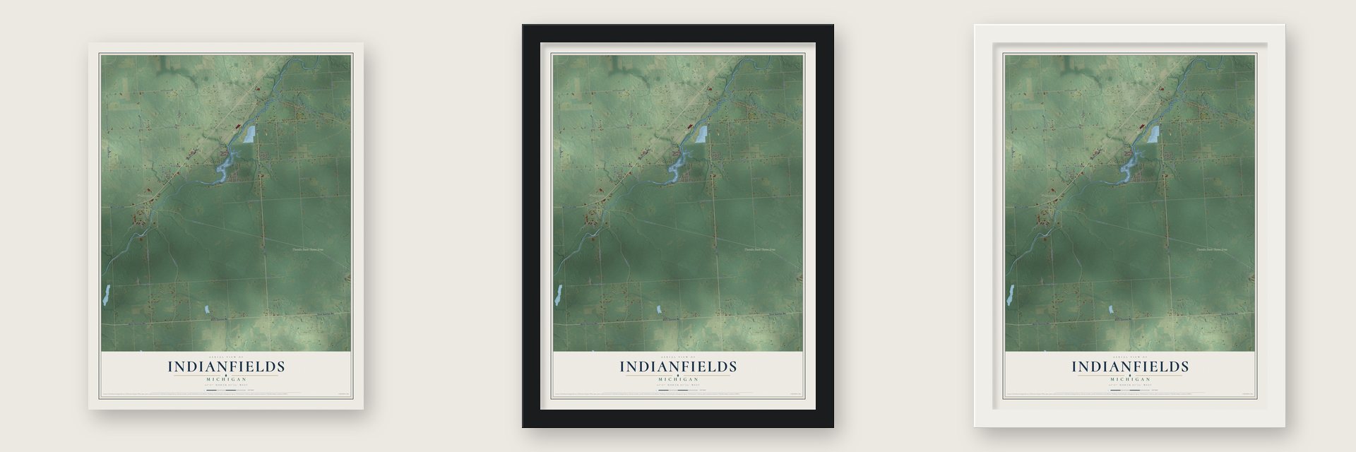 Indianfields, Michigan map unframed, in a black wood frame and in a white wood frame