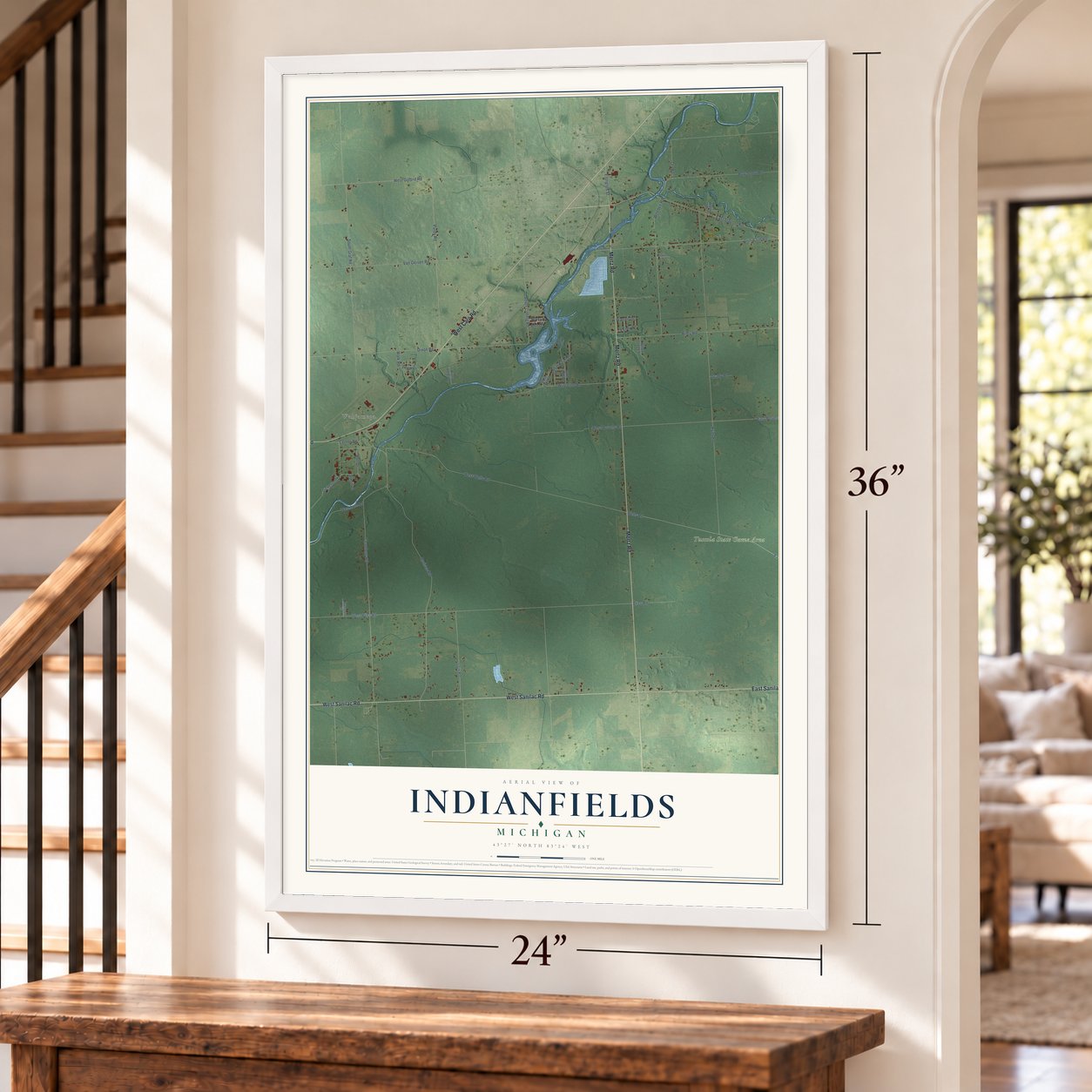 Indianfields, Michigan map, 24 x 36 inch print in a white frame by a staircase