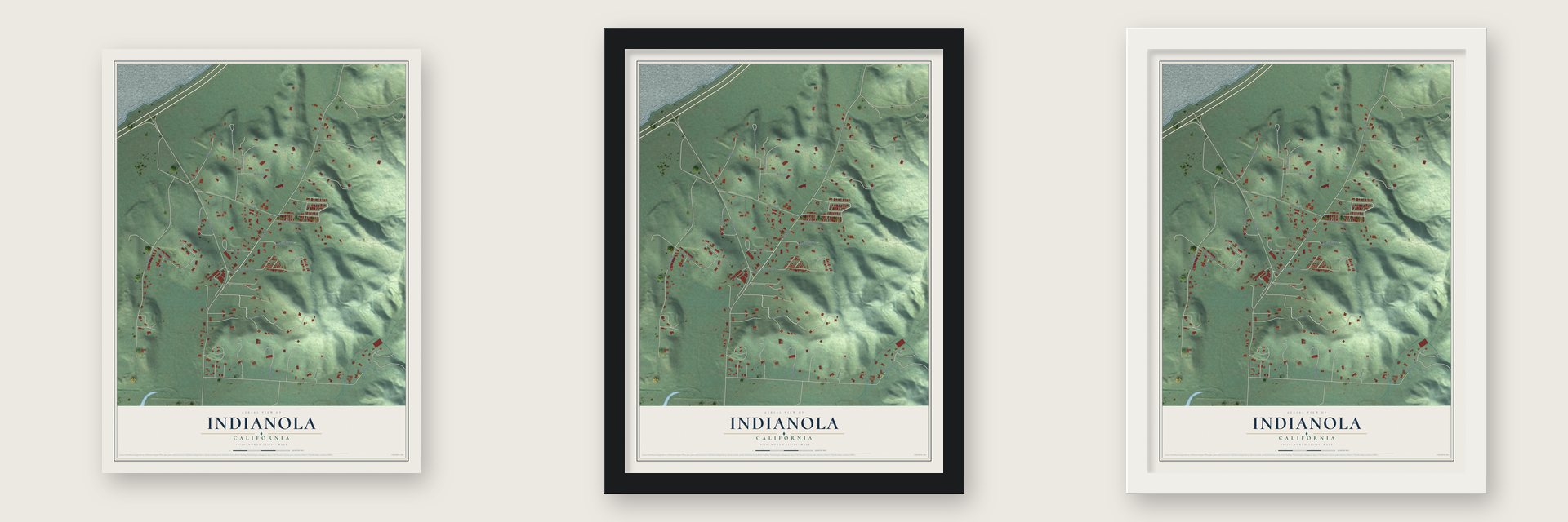 Indianola, California map unframed, in a black wood frame and in a white wood frame