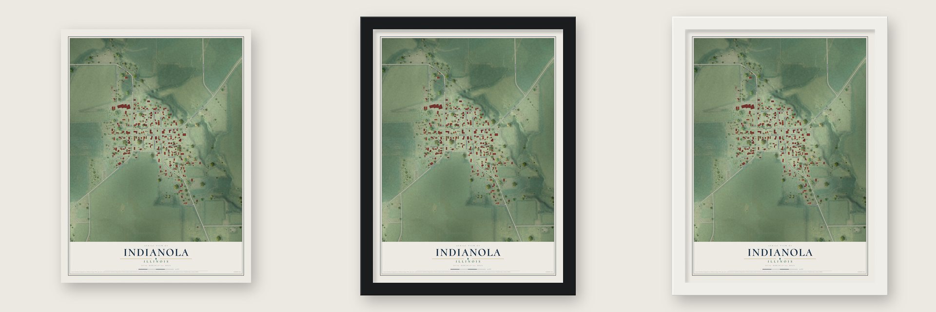 Indianola, Illinois map unframed, in a black wood frame and in a white wood frame
