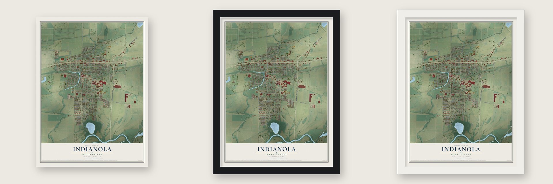 Indianola, Mississippi map unframed, in a black wood frame and in a white wood frame