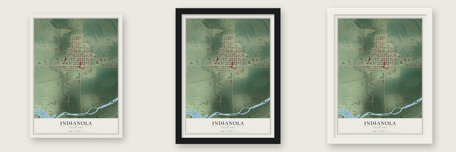 Indianola, Nebraska map unframed, in a black wood frame and in a white wood frame