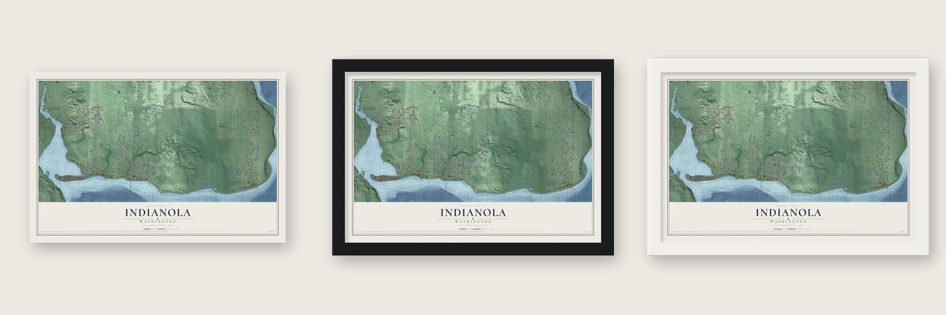 Indianola, Washington map unframed, in a black wood frame and in a white wood frame