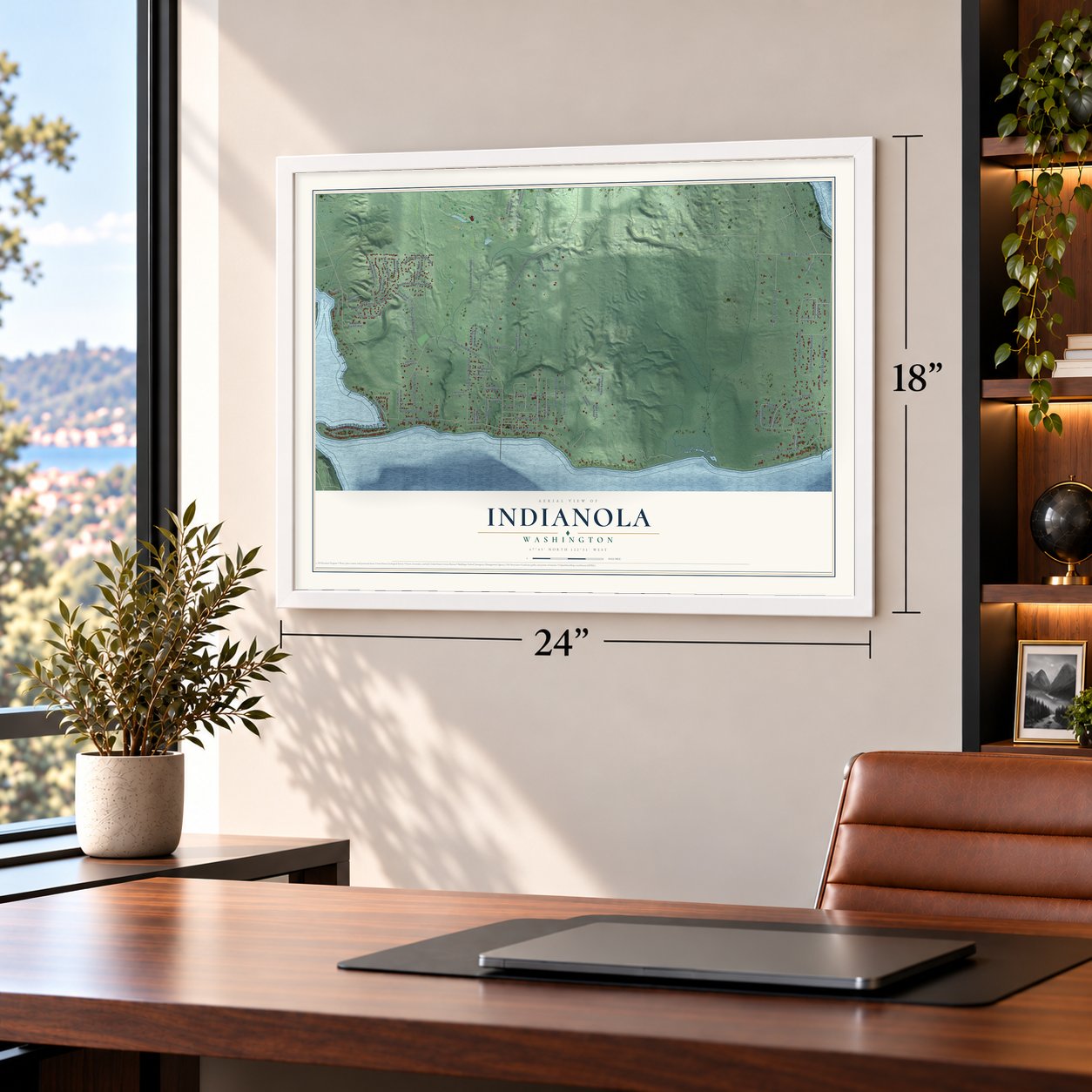 Indianola, Washington map, 18 x 24 inch print in a white frame in a home office