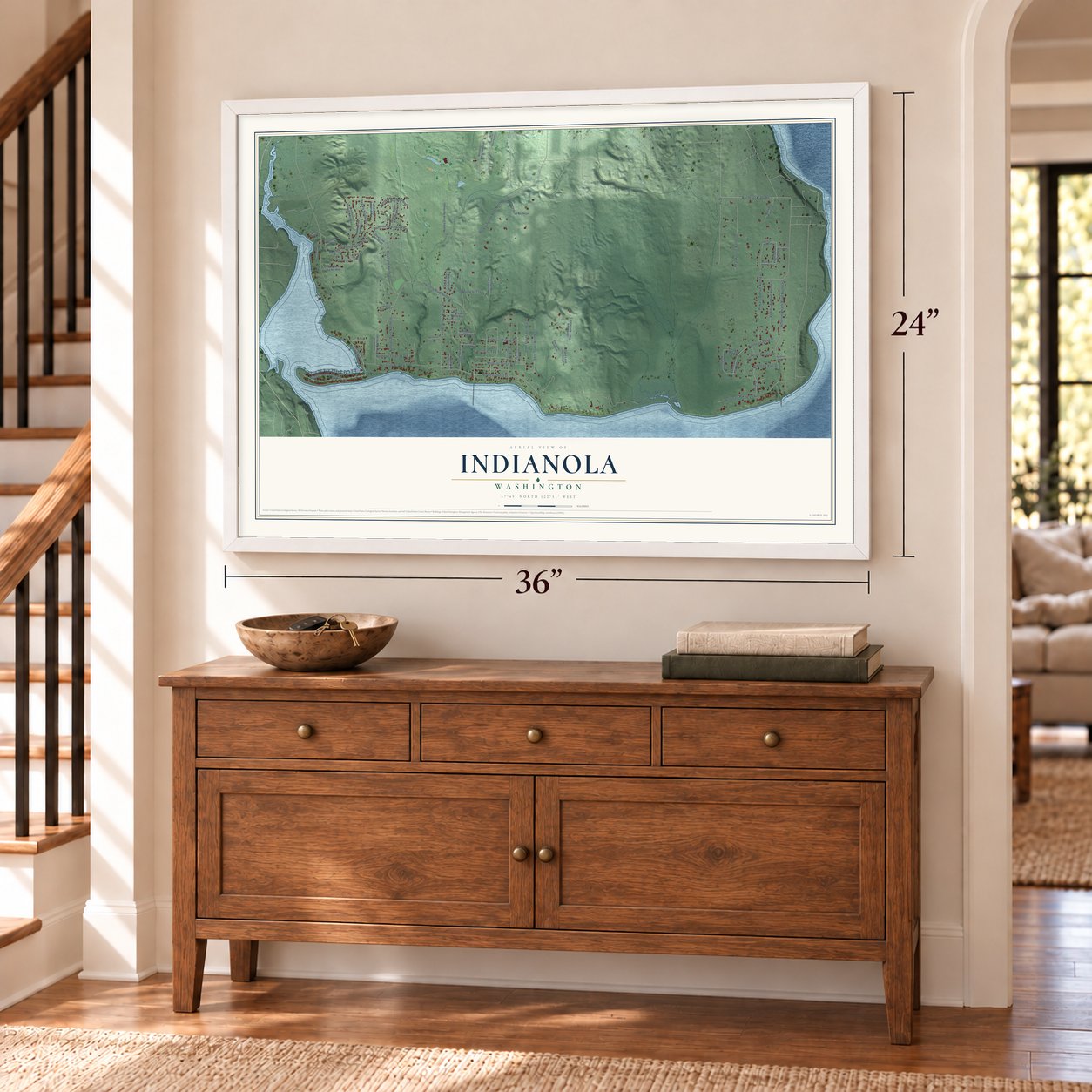 Indianola, Washington map, 24 x 36 inch print in a white frame above a dresser by a staircase