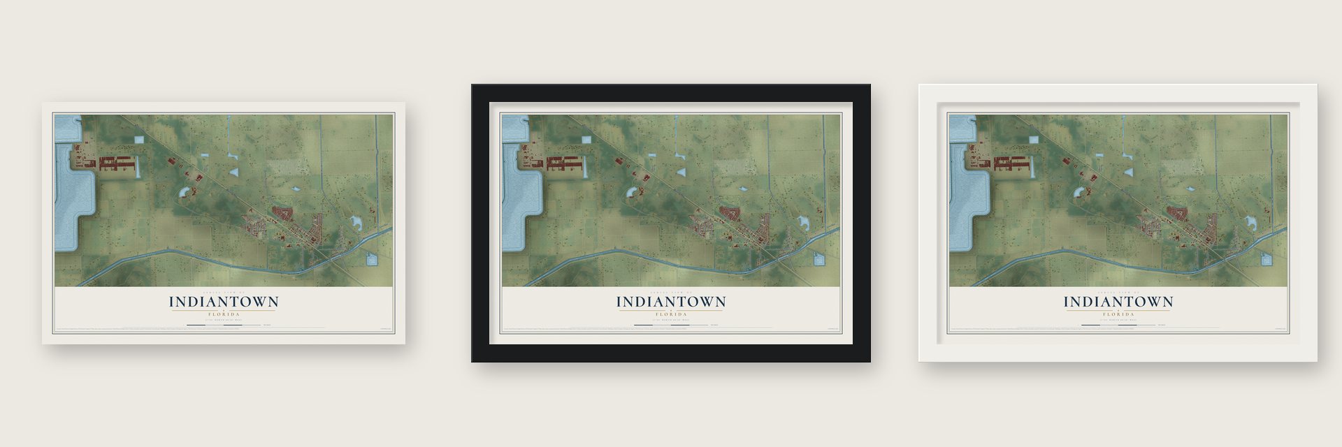 Indiantown, Florida map unframed, in a black wood frame and in a white wood frame