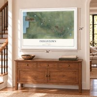 Indiantown, Florida map, 24 x 36 inch print in a white frame above a dresser by a staircase