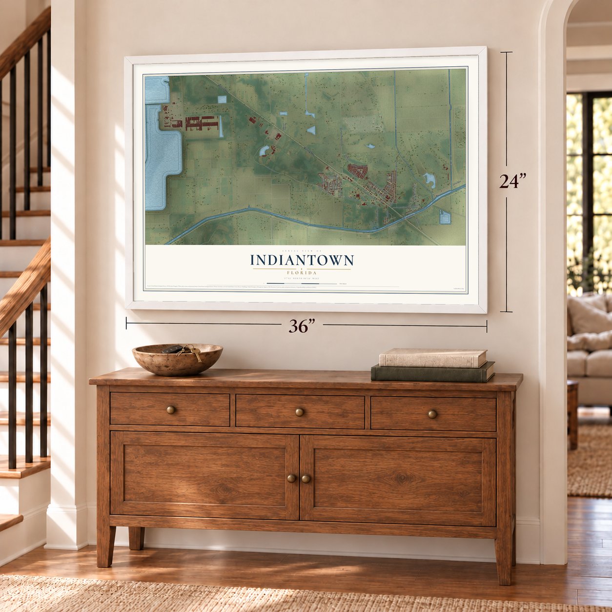 Indiantown, Florida map, 24 x 36 inch print in a white frame above a dresser by a staircase