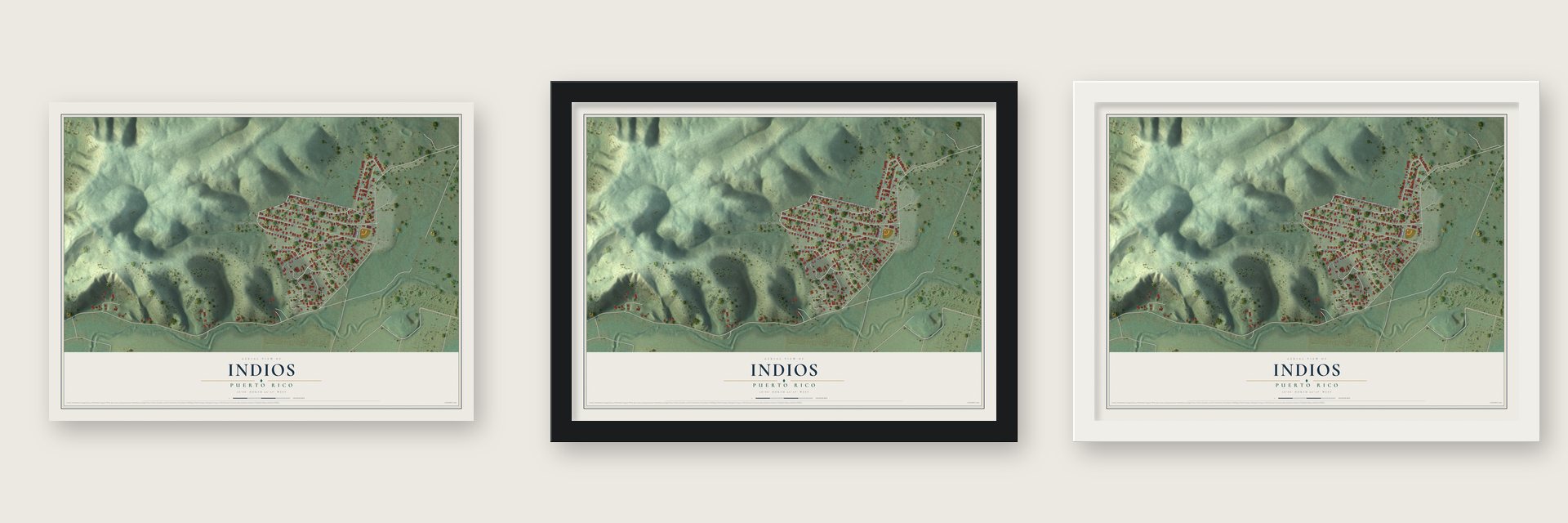 Indios, Puerto Rico map unframed, in a black wood frame and in a white wood frame