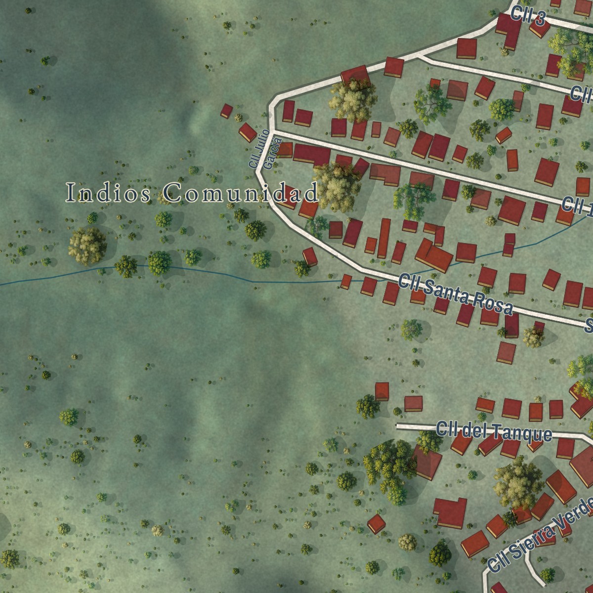 Second close-up of the map of Indios, Puerto Rico print showing more streets and buildings