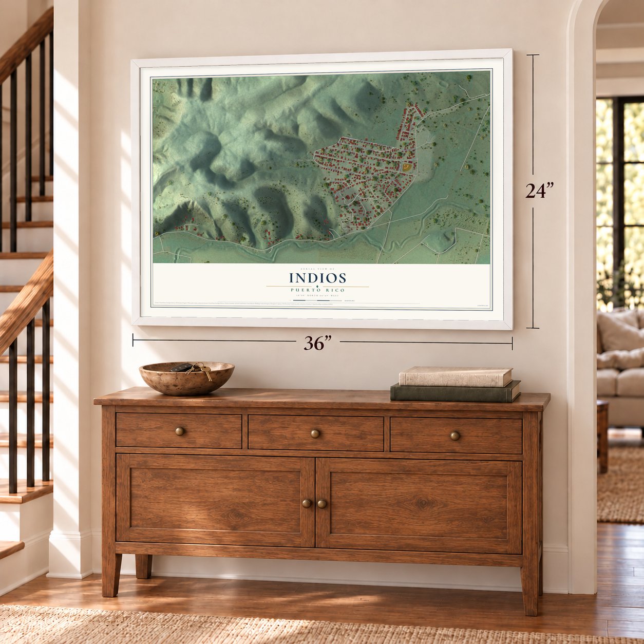 Indios, Puerto Rico map, 24 x 36 inch print in a white frame above a dresser by a staircase