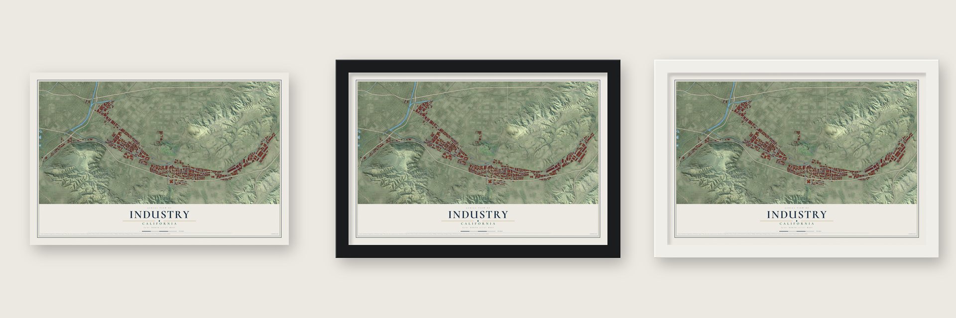 Industry, California map unframed, in a black wood frame and in a white wood frame