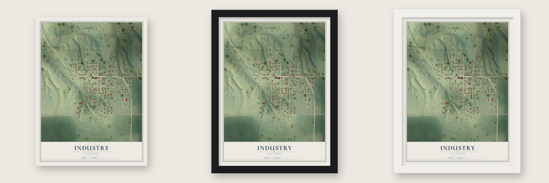 Industry, Illinois map unframed, in a black wood frame and in a white wood frame