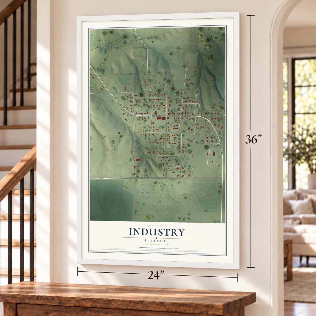 Industry, Illinois map, 24 x 36 inch print in a white frame by a staircase