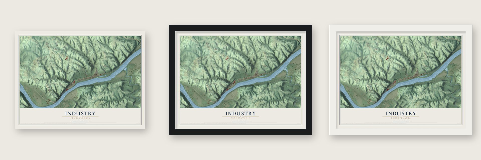 Industry, Pennsylvania map unframed, in a black wood frame and in a white wood frame
