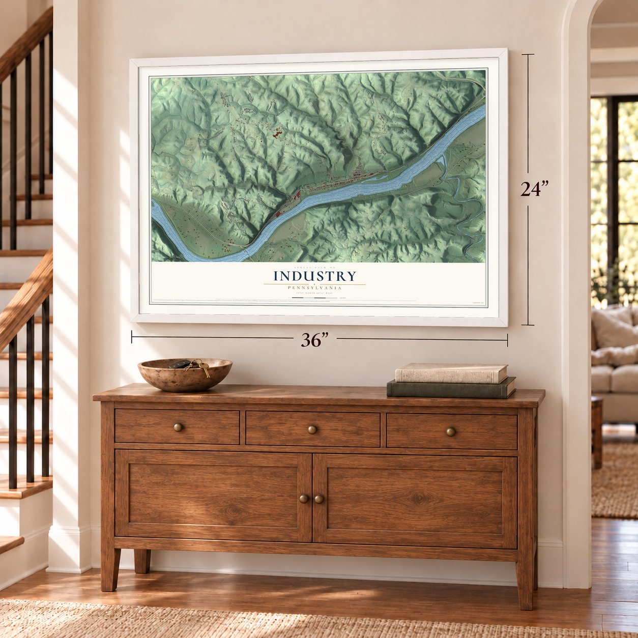 Industry, Pennsylvania map, 24 x 36 inch print in a white frame above a dresser by a staircase