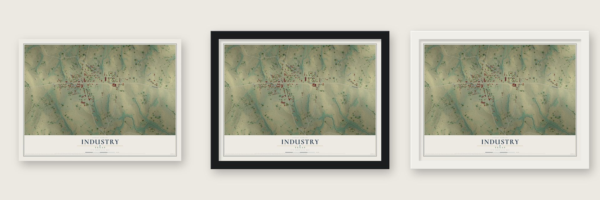Industry, Texas map unframed, in a black wood frame and in a white wood frame