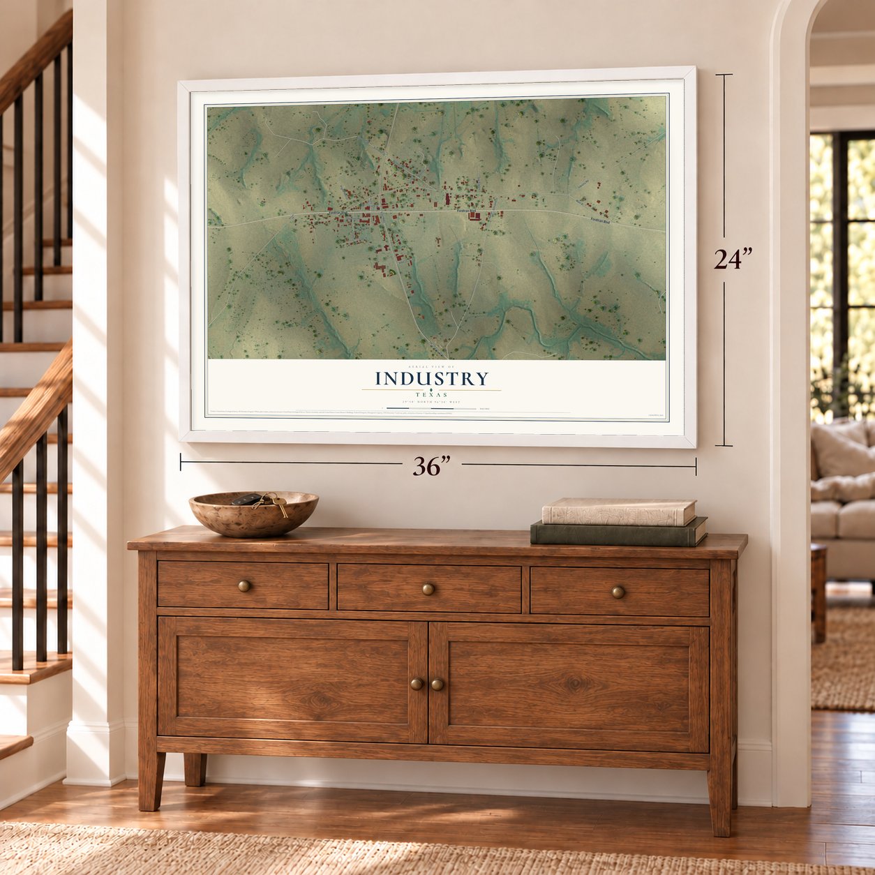 Industry, Texas map, 24 x 36 inch print in a white frame above a dresser by a staircase