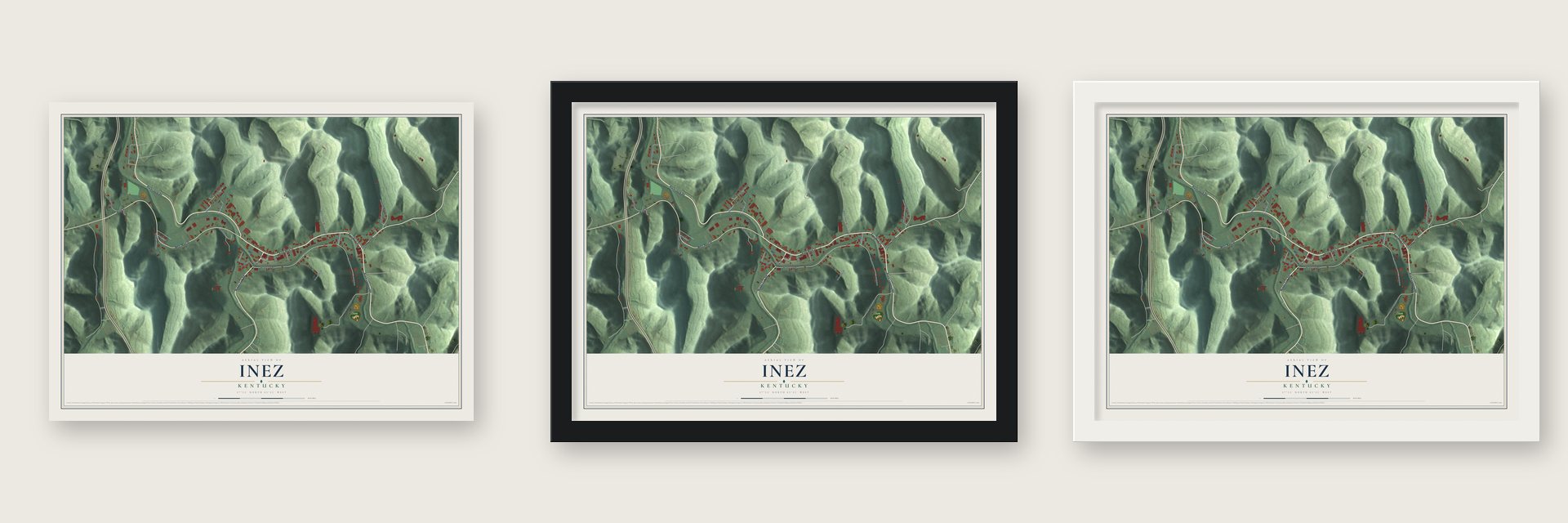 Inez, Kentucky map unframed, in a black wood frame and in a white wood frame