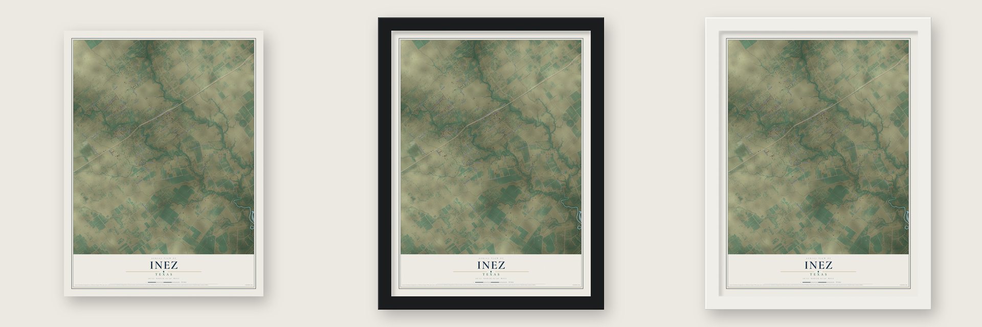 Inez, Texas map unframed, in a black wood frame and in a white wood frame