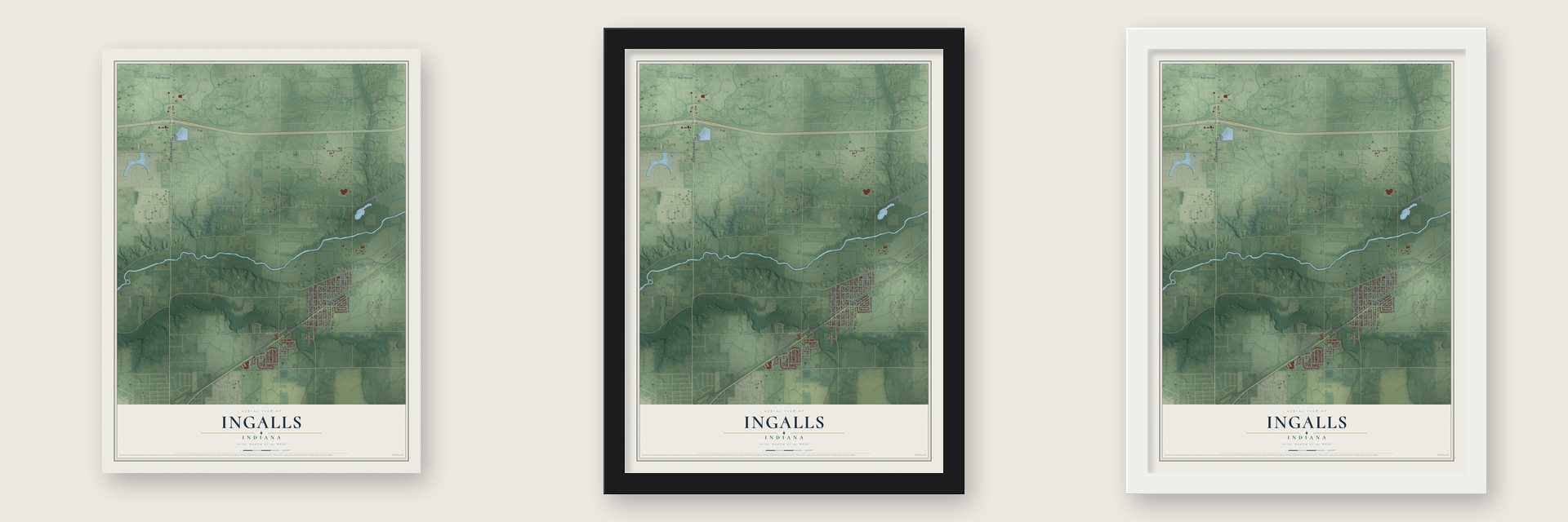 Ingalls, Indiana map unframed, in a black wood frame and in a white wood frame