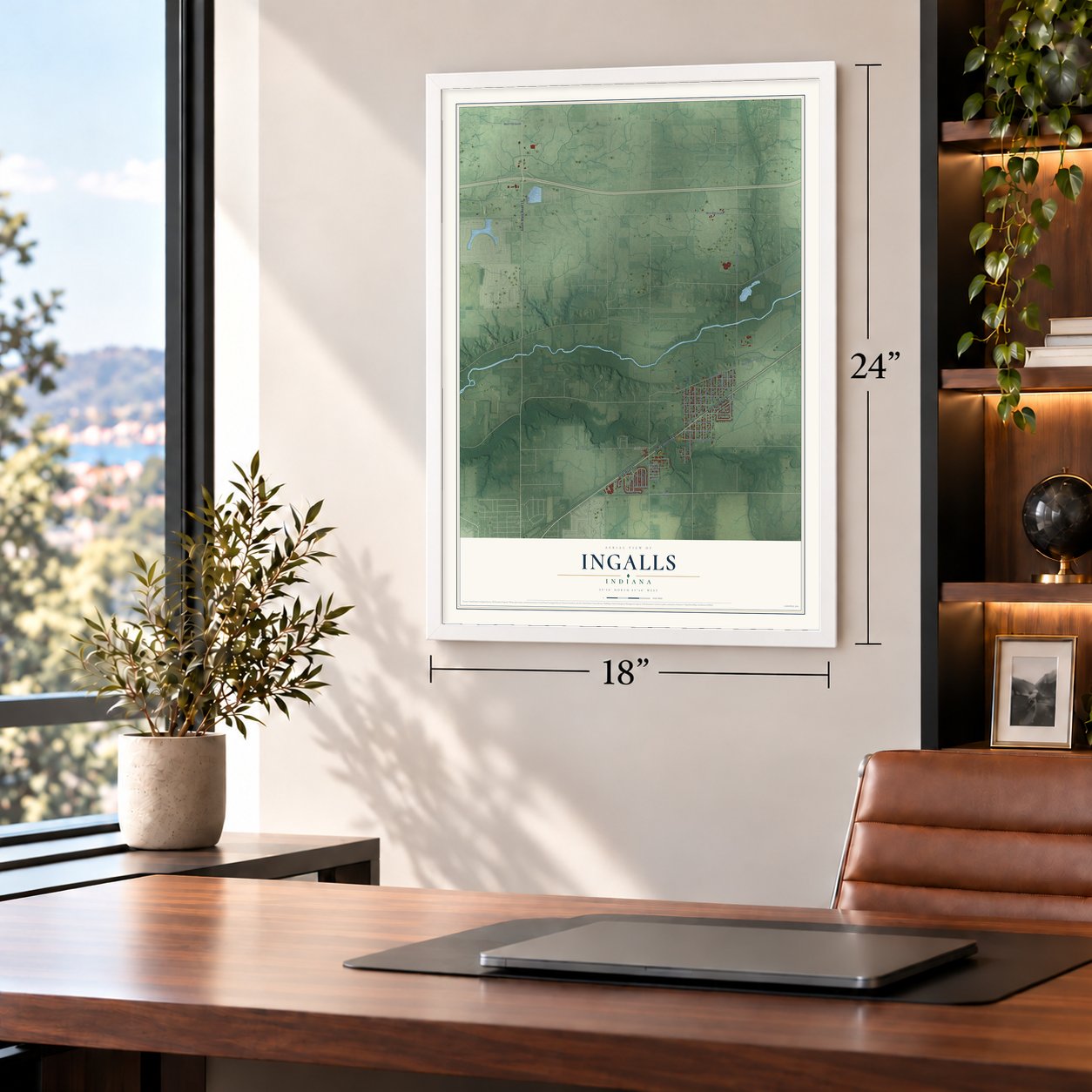 Ingalls, Indiana map, 18 x 24 inch print in a white frame in a home office