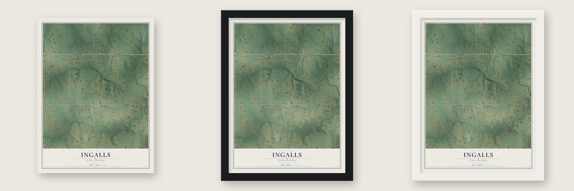 Ingalls, Oklahoma map unframed, in a black wood frame and in a white wood frame