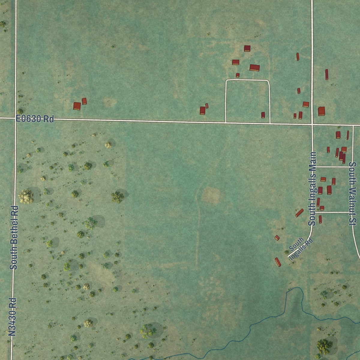Second close-up of the map of Ingalls, Oklahoma print showing more streets and buildings