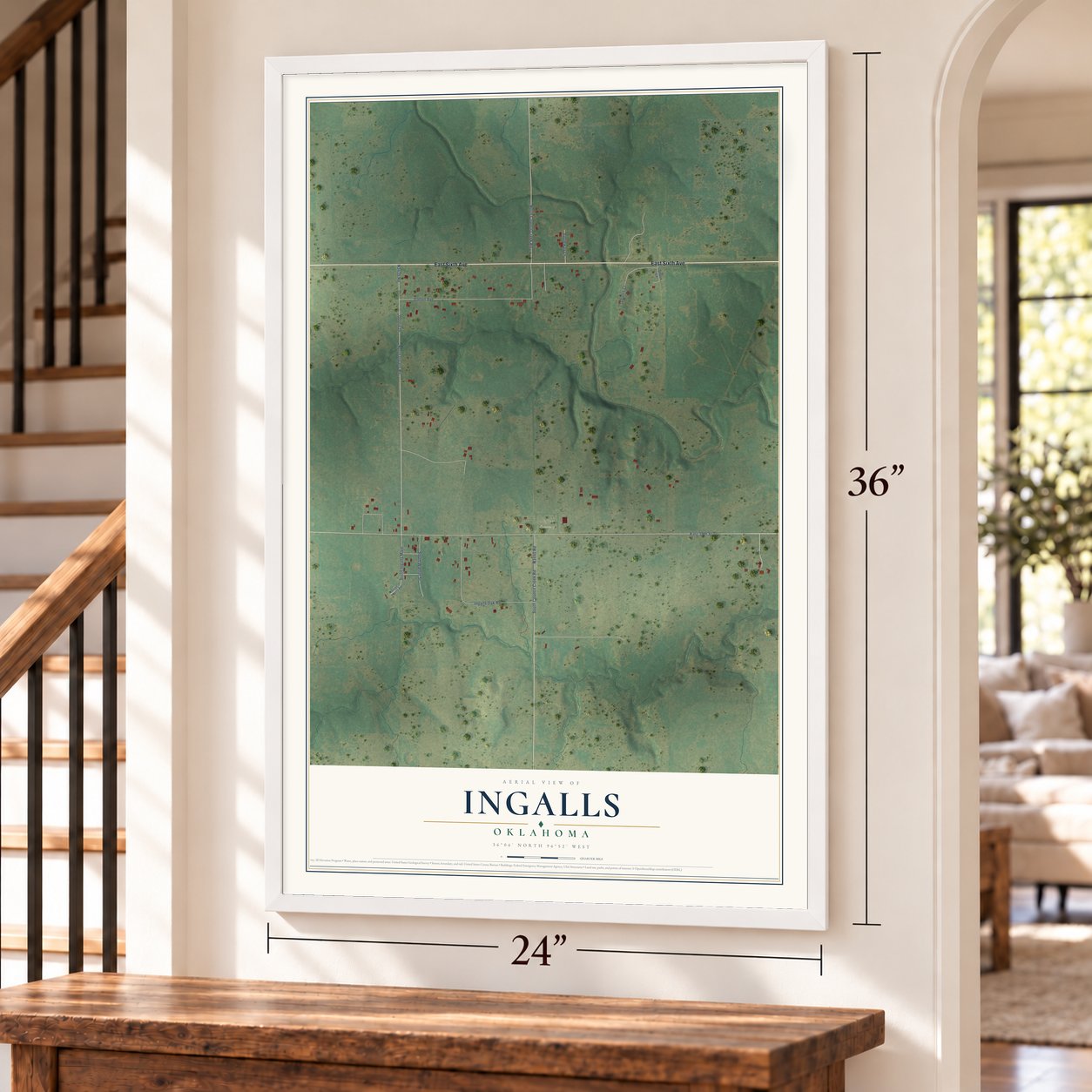 Ingalls, Oklahoma map, 24 x 36 inch print in a white frame by a staircase