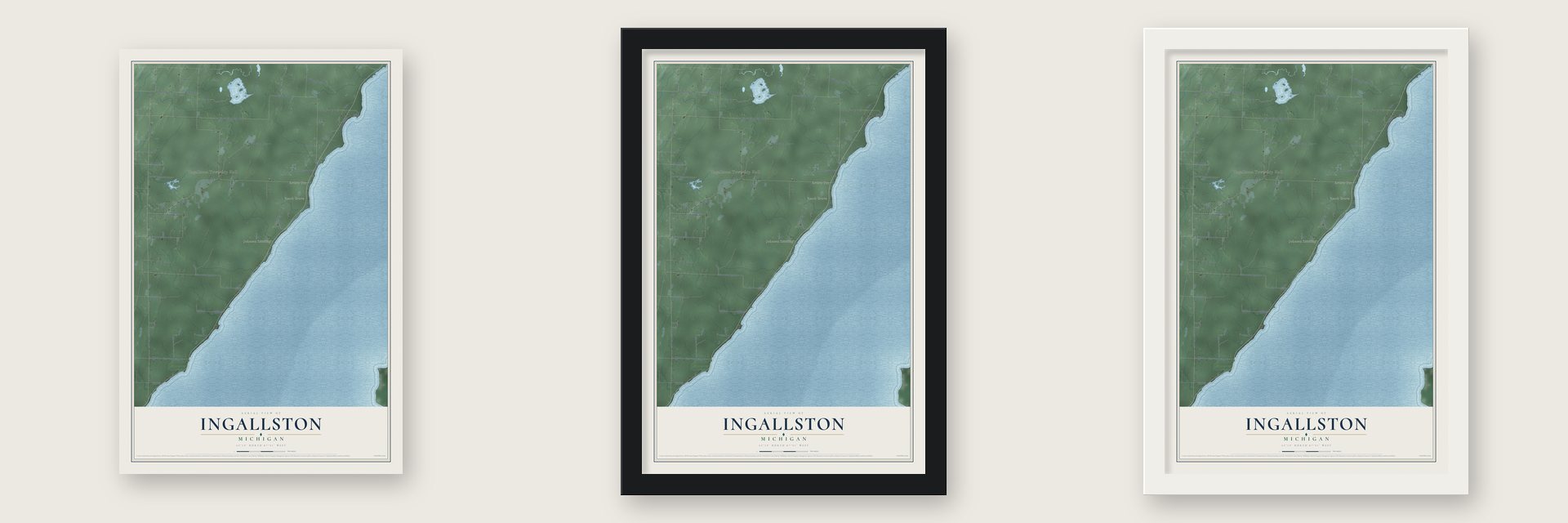 Ingallston, Michigan map unframed, in a black wood frame and in a white wood frame