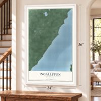 Ingallston, Michigan map, 24 x 36 inch print in a white frame by a staircase