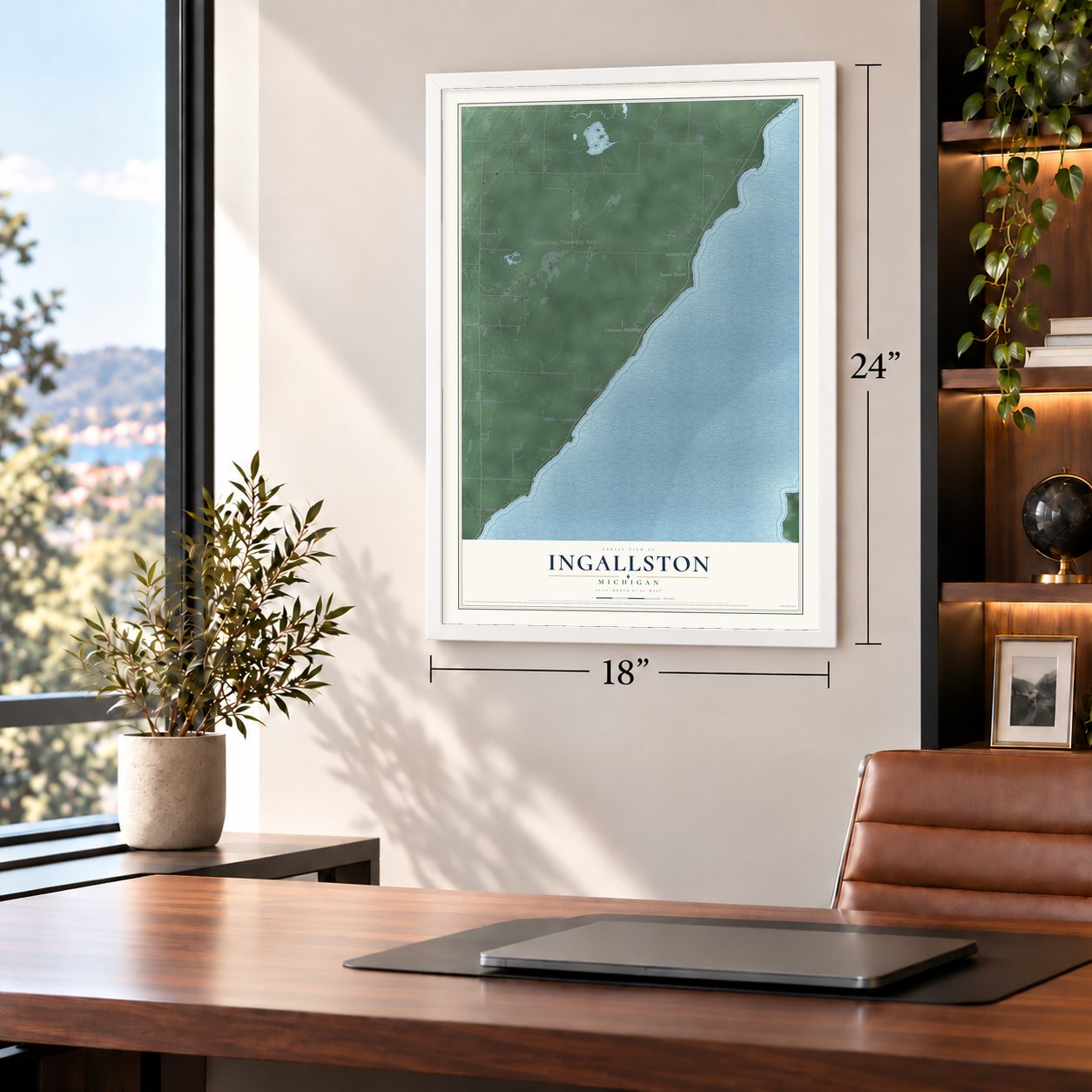 Ingallston, Michigan map, 18 x 24 inch print in a white frame in a home office