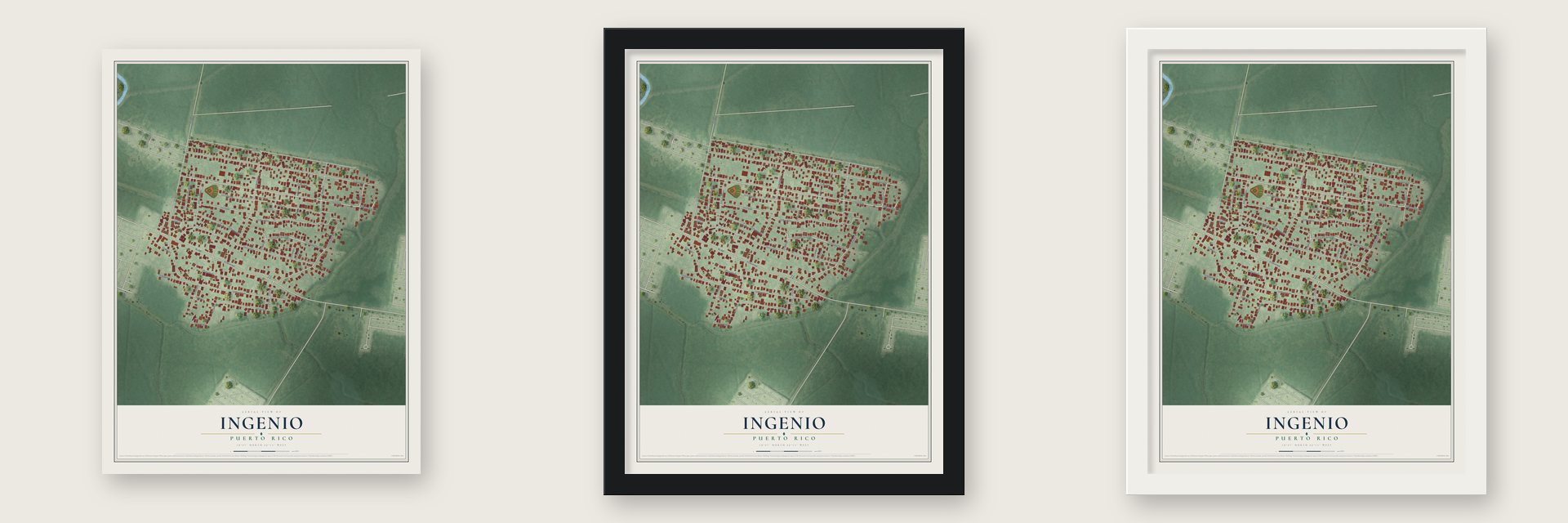 Ingenio, Puerto Rico map unframed, in a black wood frame and in a white wood frame
