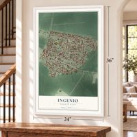 Ingenio, Puerto Rico map, 24 x 36 inch print in a white frame by a staircase