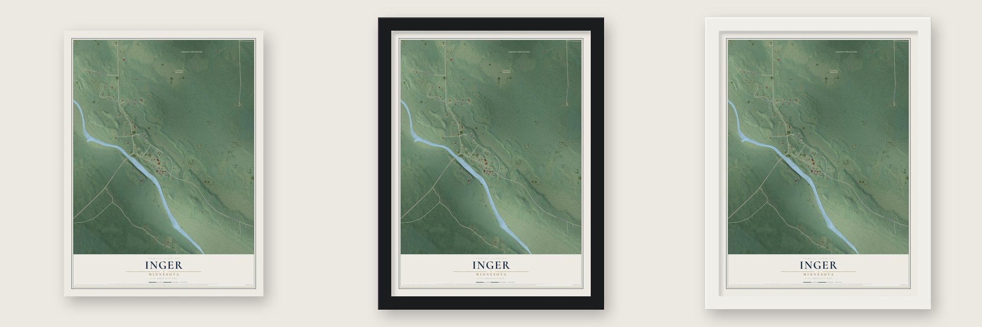 Inger, Minnesota map unframed, in a black wood frame and in a white wood frame