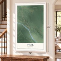 Inger, Minnesota map, 24 x 36 inch print in a white frame by a staircase