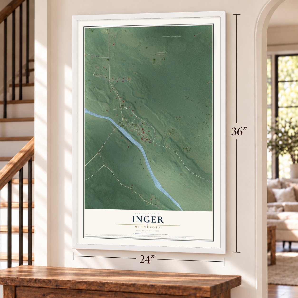 Inger, Minnesota map, 24 x 36 inch print in a white frame by a staircase