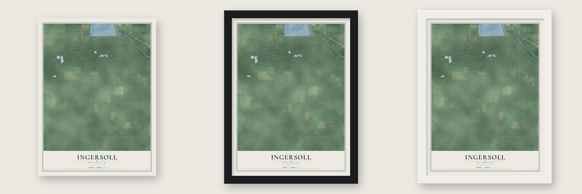 Ingersoll, Michigan map unframed, in a black wood frame and in a white wood frame
