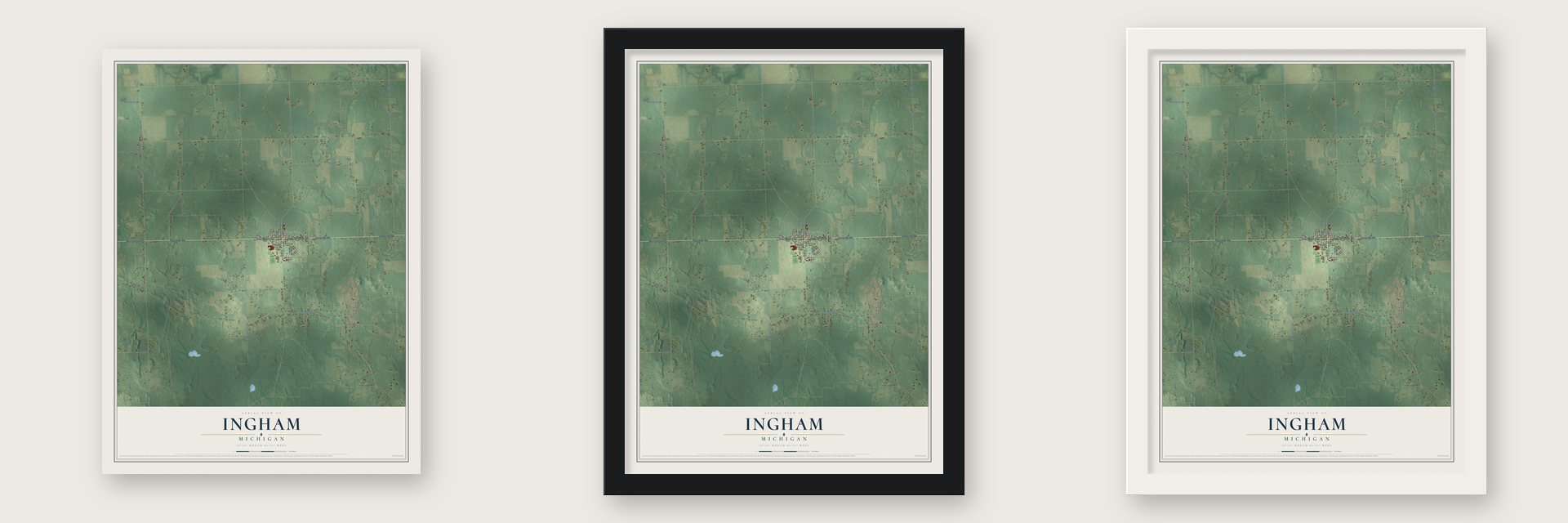 Ingham, Michigan map unframed, in a black wood frame and in a white wood frame