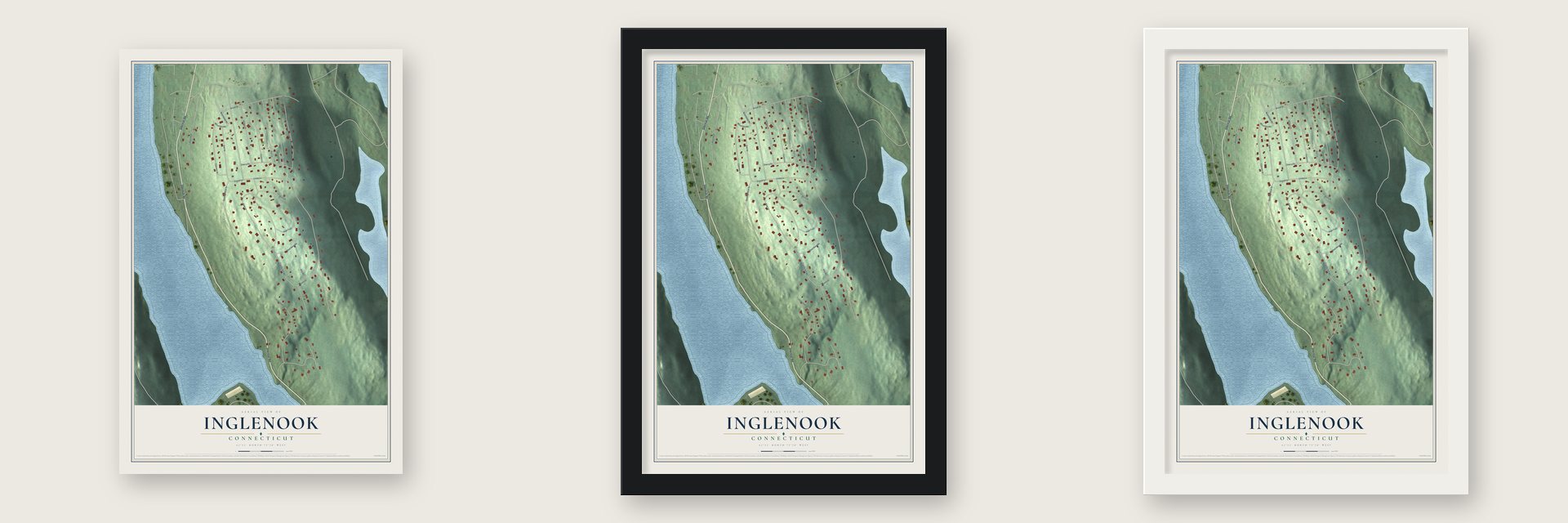 Inglenook, Connecticut map unframed, in a black wood frame and in a white wood frame